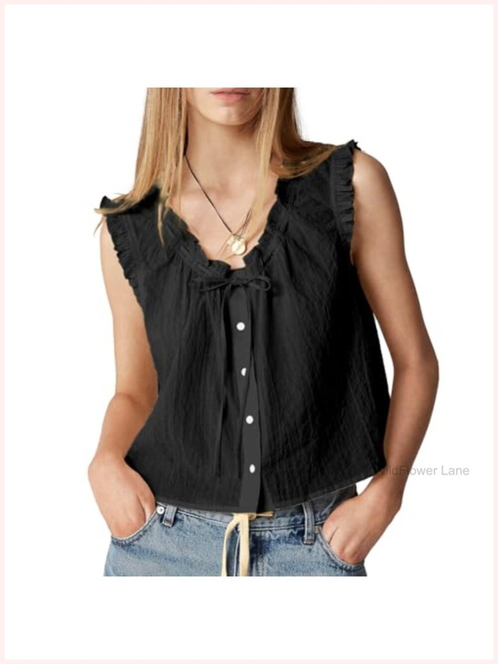 Women Sleeveless Ruffle Tie Front Tank Top V-Neck Summer Blouse